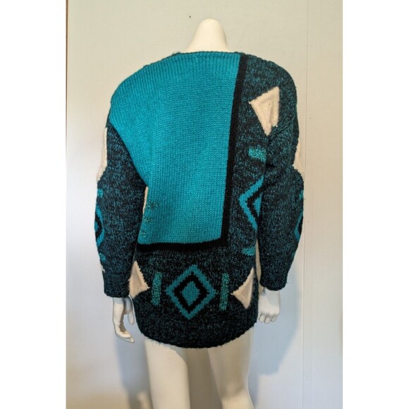 Vintage 80s Bold Geo V Neck Sweater M Tunic Sparkle Teal Acrylic Blend - Picture 4 of 5